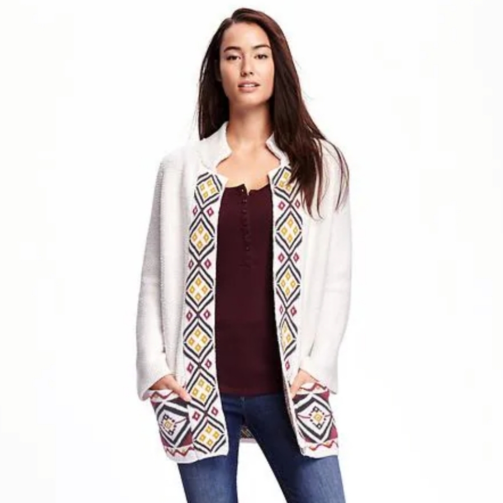 NWT Old Navy Jacquard Open Front Caotigan Cardigan Sweater Jacket White Multi M